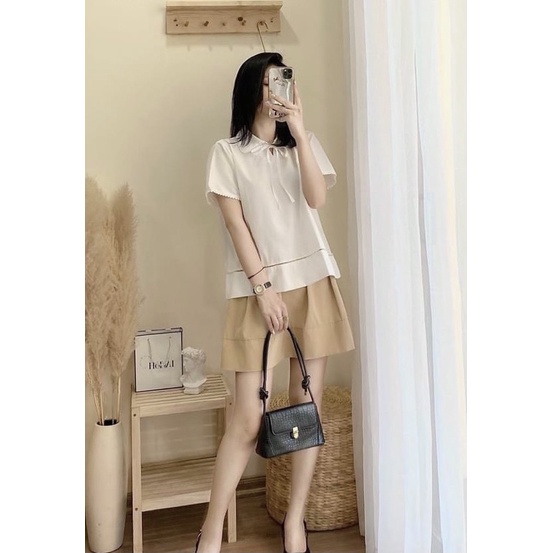 SNU385 - SET NỮ ÁO TRẮNG CỔ REN NƠ MIX CVAY NÂU