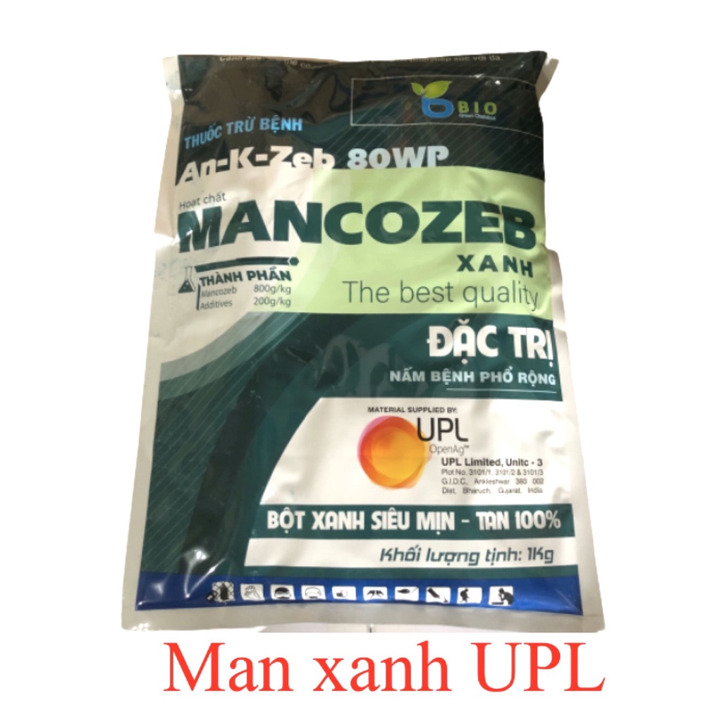 Man Xanh Upl Ấn Độ, Mancozeb Xanh Gói 1Kg Bột Xanh Mịn, Tan Nhanh Phòng Trừ Phổ Rộng Nấm: Vàng Lá, Sương Mai, Thán Thư