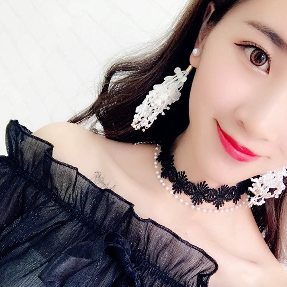 Hoa tai đính ngọc trai tua rua dạng ren độc đáo