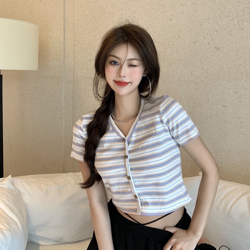 SUXI Áo Thun Tay Ngắn Cổ Chữ V Họa Tiết Kẻ Sọc Thời Trang Mùa Hè Dễ Thương Cho Nữ