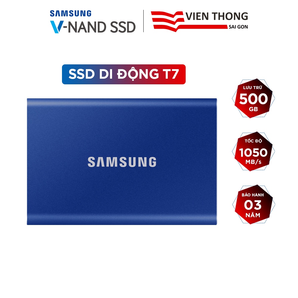 Ổ cứng SSD di động Samsung Portable T7 500GB - USB 3.2 Gen 2 tốc độ upto 1050MB/s (Xanh dương)
