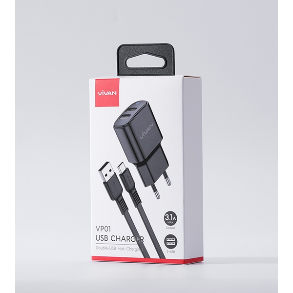 Cốc sạc 2 cổng USB (kèm cáp micro) VIVAN Charger VP01 Black - HÀNG CHÍNH HÃNG BẢO HÀNH 12 THÁNG