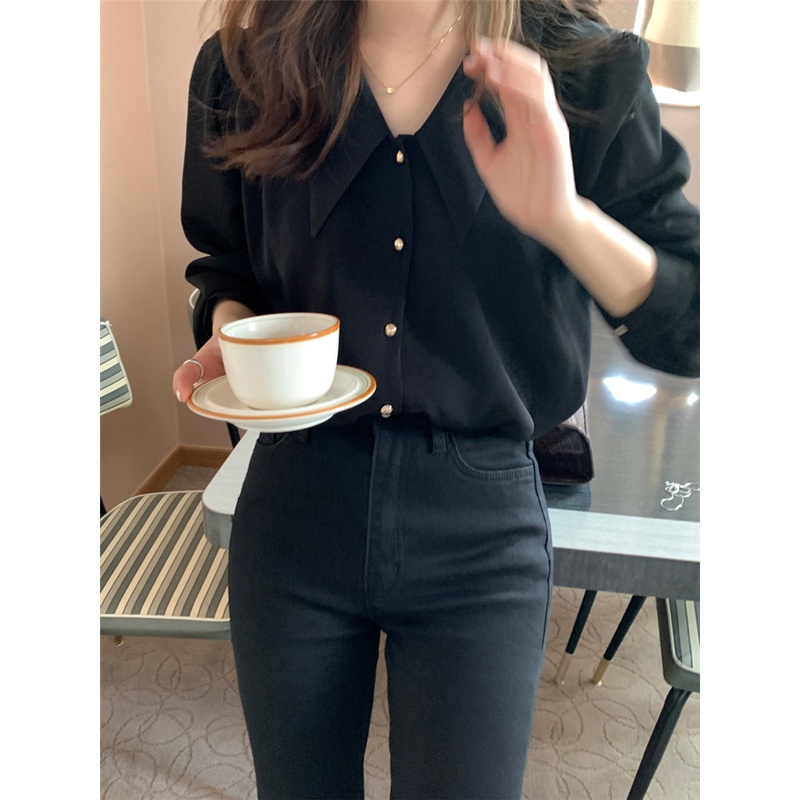 SUXI Áo sơ mi tay dài cổ chữ V màu sắc trẻ trung cho nữ