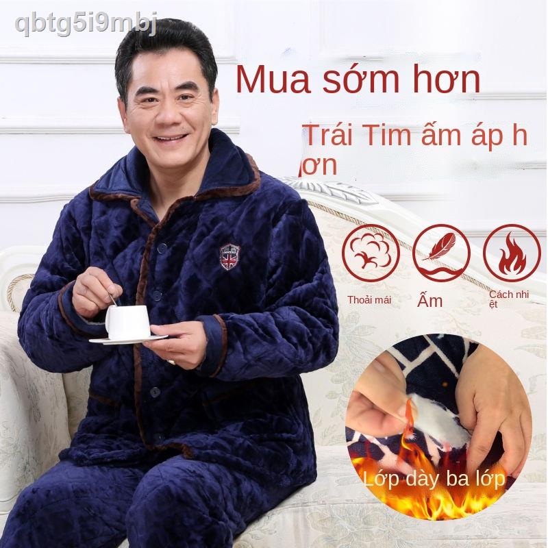 ✻ (Giá Hủy Diệt)Bộ đồ ngủ mùa đông cho người trung niên và cao tuổi nam san hô lông cừu ấm áp ba lớp dày chần bông lớn p