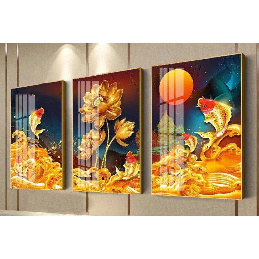 Bộ 3 tranh treo tường tráng gương cá chép vàng kim