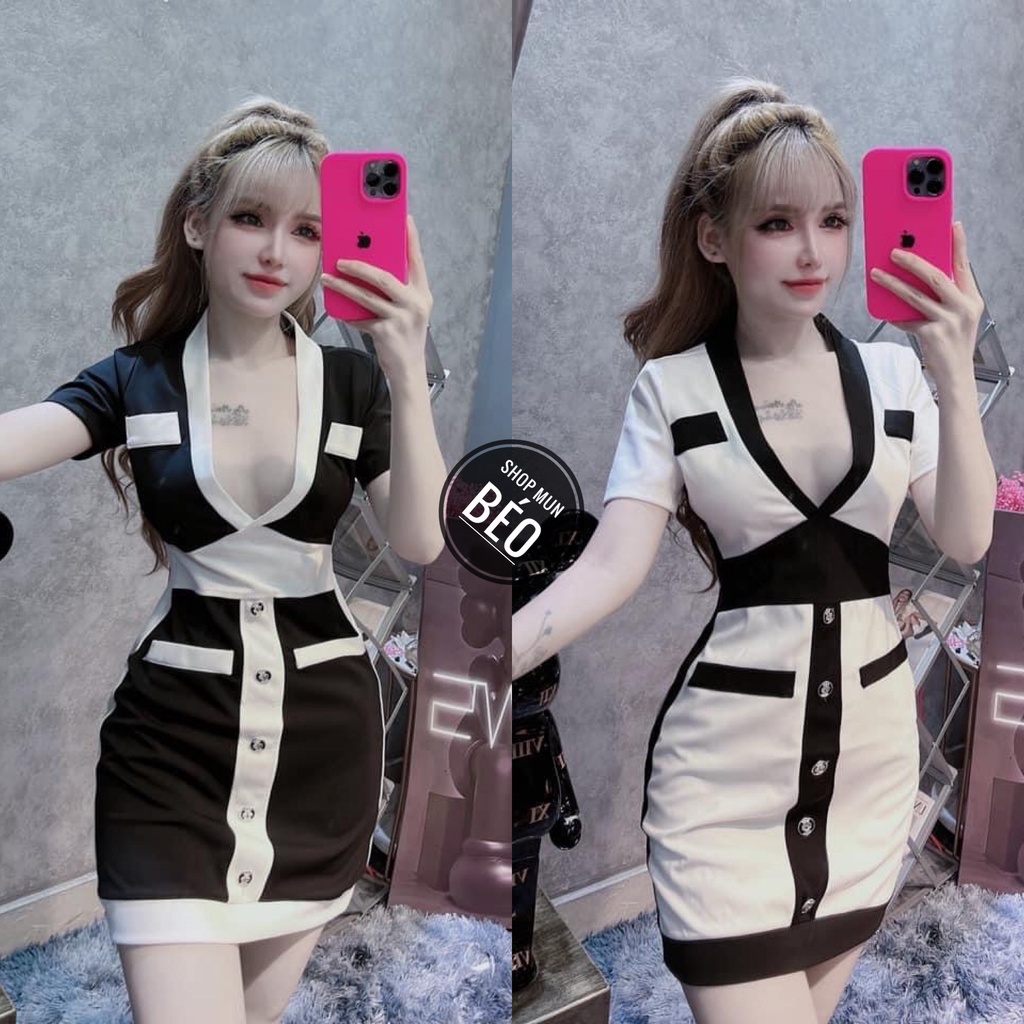 Đầm Phối Cổ V Tay Ngắn Đính Cúc Chất Thun Gân Xương Cá Thích Hợp Mặc Đi Tiệc Đi Làm Đi Chơi