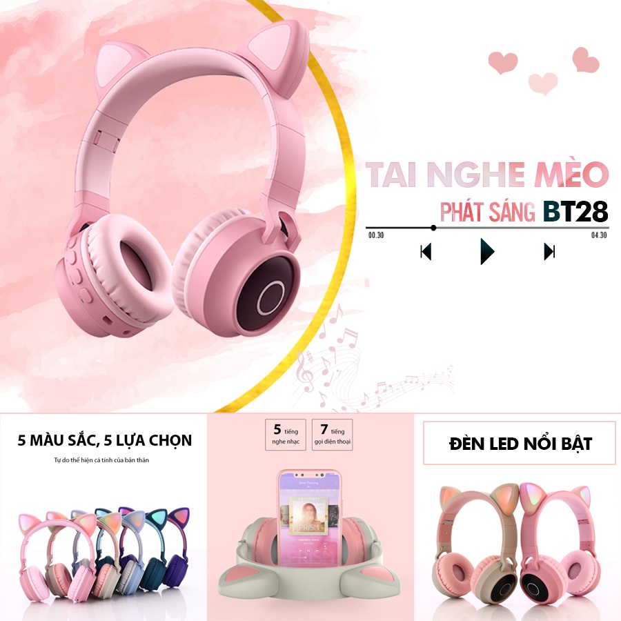 [HOT] - Tai nghe Bluetooth tai mèo đẹp mắt cá tính - BT28 Màu sắc đa dạng, thoải mái lựa chọn khoe cá tính