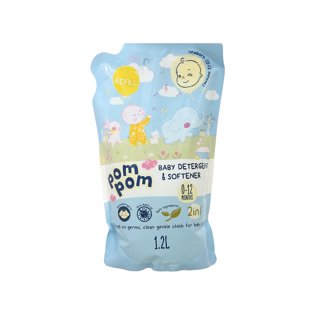 Nước giặt xả Pom Pom cho bé sơ sinh & bé năng động túi 1.2 lít từ (0-12 tháng), (12-36 tháng)