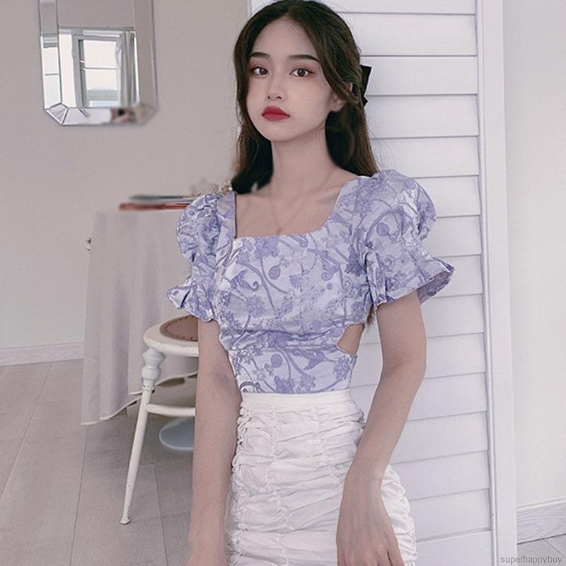 Áo Croptop Tay Phồng Cổ Vuông In Họa Tiết Hoa Phong Cách Retro