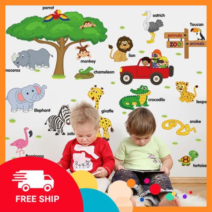 Decal dán tường ⚡FREE SHIP⚡ Tranh dán tường hình vườn thú, thiên nhiên giúp bé nhận biết thế giới tốt hơn