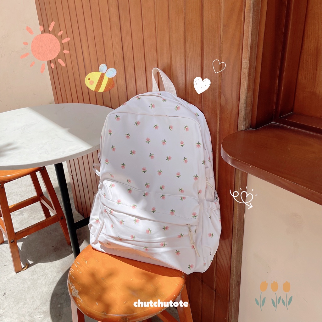 BL219/ Balo creamy đáng yêu chất vải oxford trơn có nhiều ngăn tiện lợi đi học đi chơi dễ thương