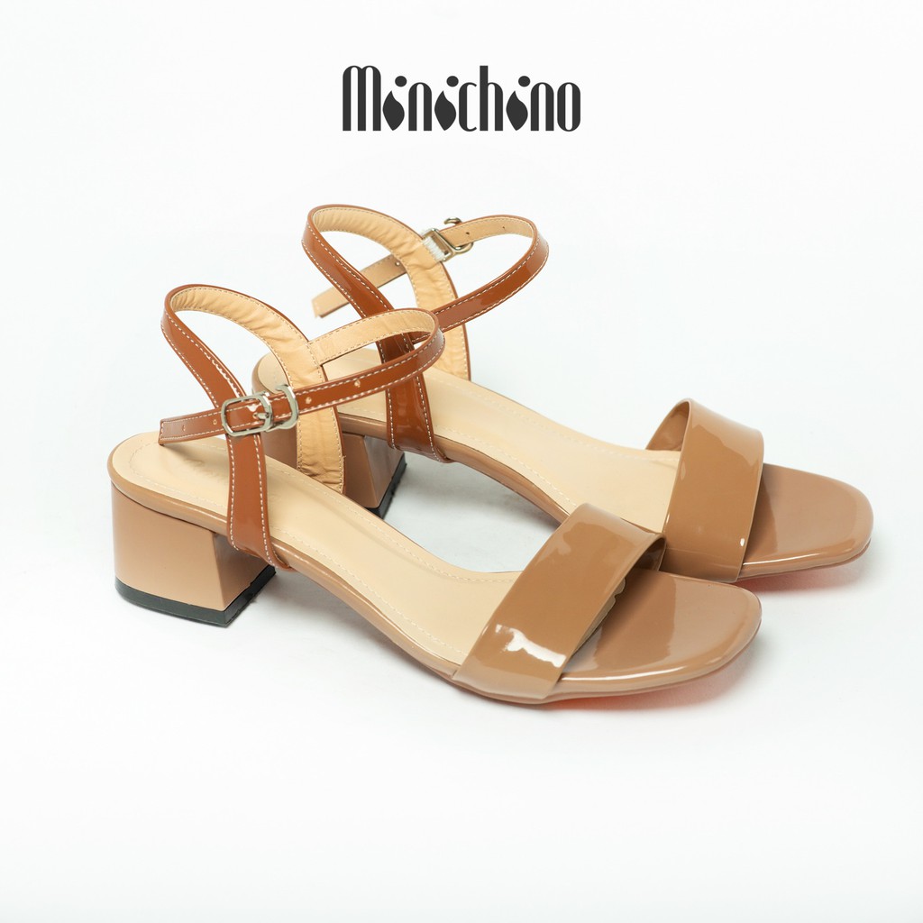 Giày sandal nữ gót cao 5cm MINICHINO giày cao gót đế vuông quai mãnh, phối dây hở mũi thời trang màu kem TC021