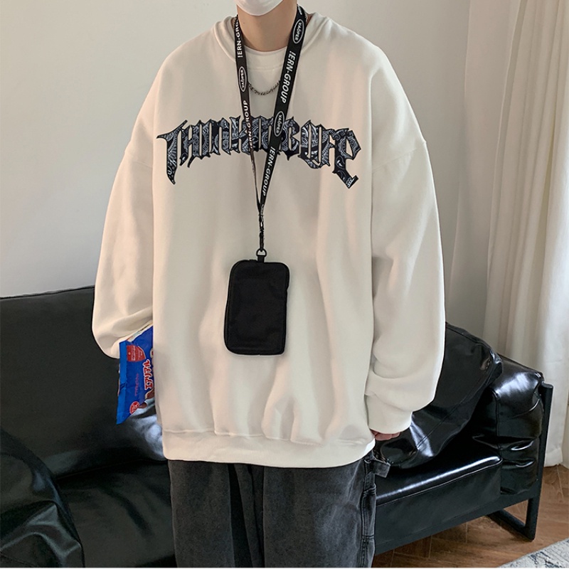 Áo sweater cổ tròn in chữ và họa tiết ngọn lửa độc đáo thời trang dạo phố cho nam size m - 5xl