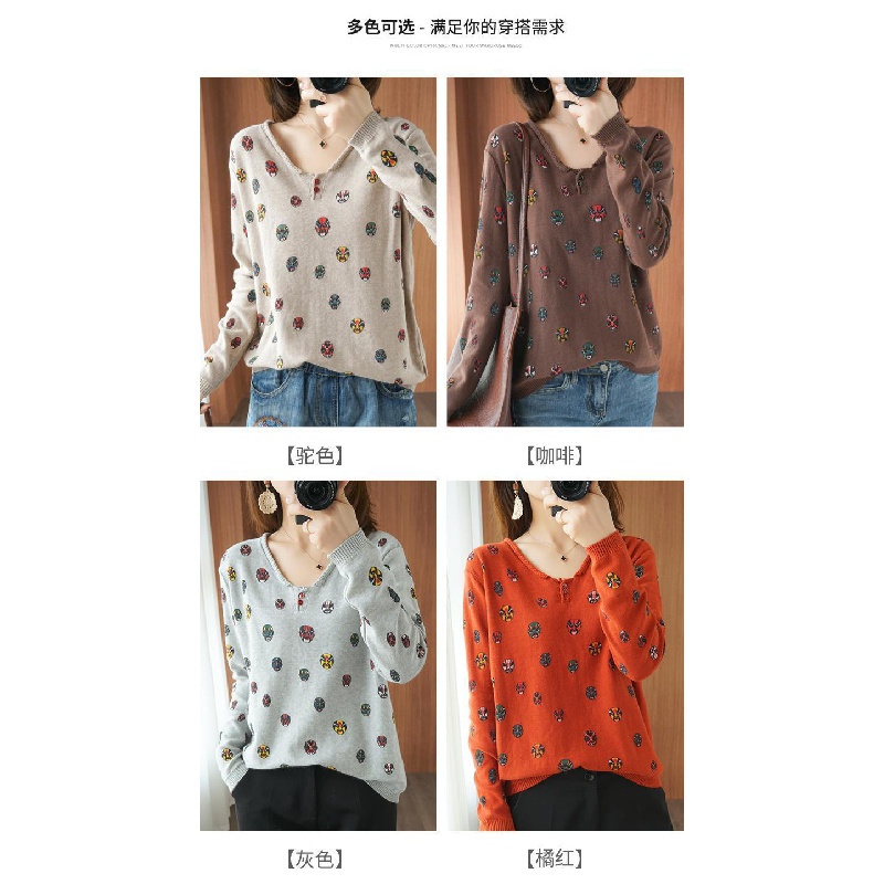 Áo Thun 100% Cotton Tay Dài Dáng Rộng In Hoạ Tiết Xinh Xắn Phong Cách Retro Cho Nữ