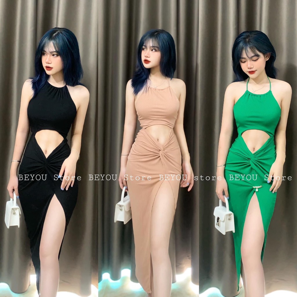 Đầm yếm hở rốn xoắn eo xẻ tà cao cực sexy , chất thun gân mềm mát thy