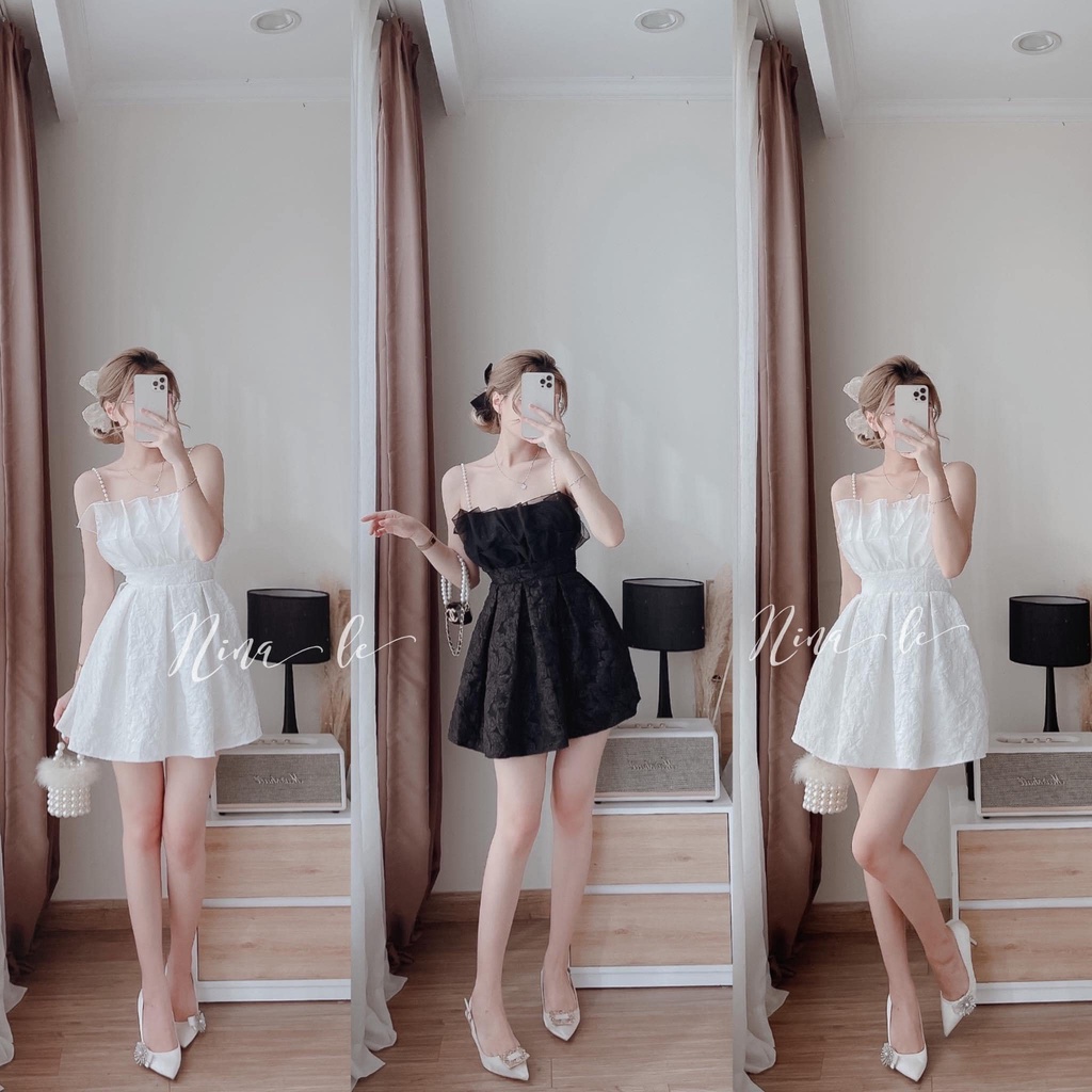 Váy đầm nữ 2 dây ngọc chất gấm Ylydress màu đen trắng xòe ngắn sexy hàn quốc freesize phom ôm body C938