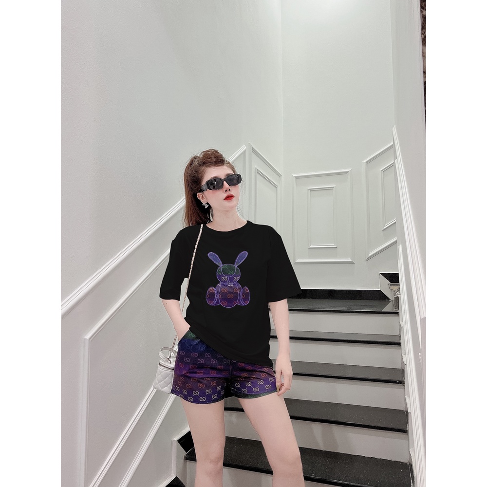 Đồ bộ thun đùi mặc nhà họa tiết thỏ thêu phối quần in 3D sắc nét