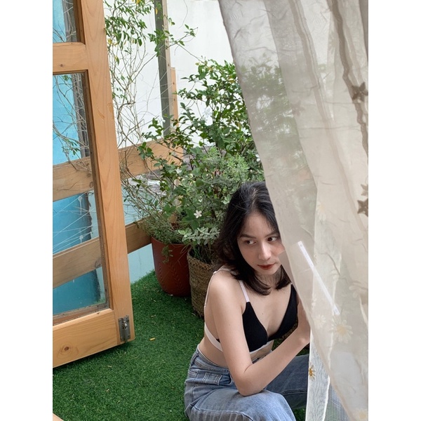 Set đồ lót thun gân cotton đen viền trắng - Dolce Bra - The Heidi- Hàng handmade | BigBuy360 - bigbuy360.vn