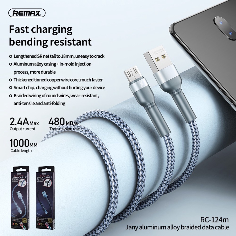 Cáp Sạc MicroUSB Chính Hãng Remax RC-124m Sạc Điện Thoại Có Cổng MicroUSB Dòng Sạc Tối Đa 2.4A Truyền Dữ Liệu Dài 1M