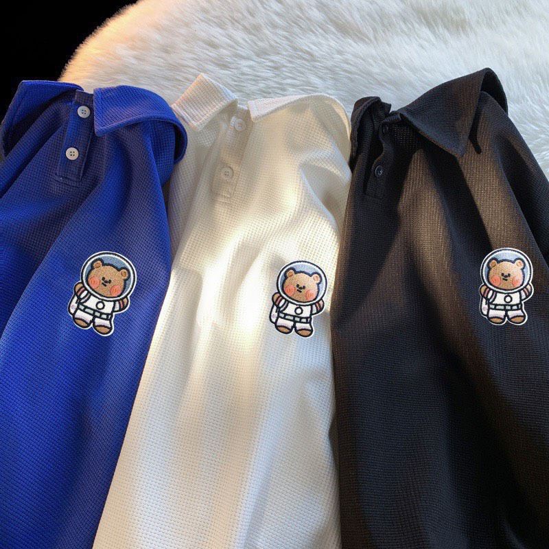 Áo polo nam nữ form rộng, Áo thun có cổ unisex hình gấu phi hành gia