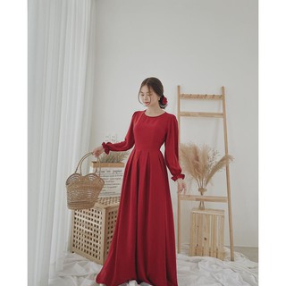 Set đầm đỏ dài+ cột tóc nơ