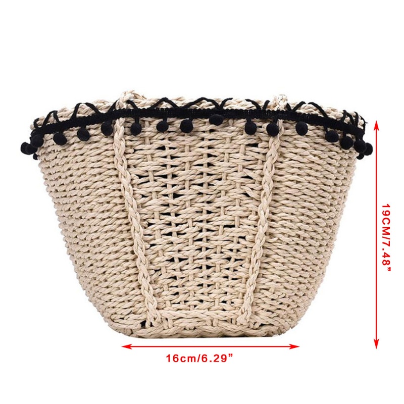 Giỏ Đan Rơm Đeo Vai Phối Tua Rua Và Quả Cầu Lông Xù Kiểu Vintage