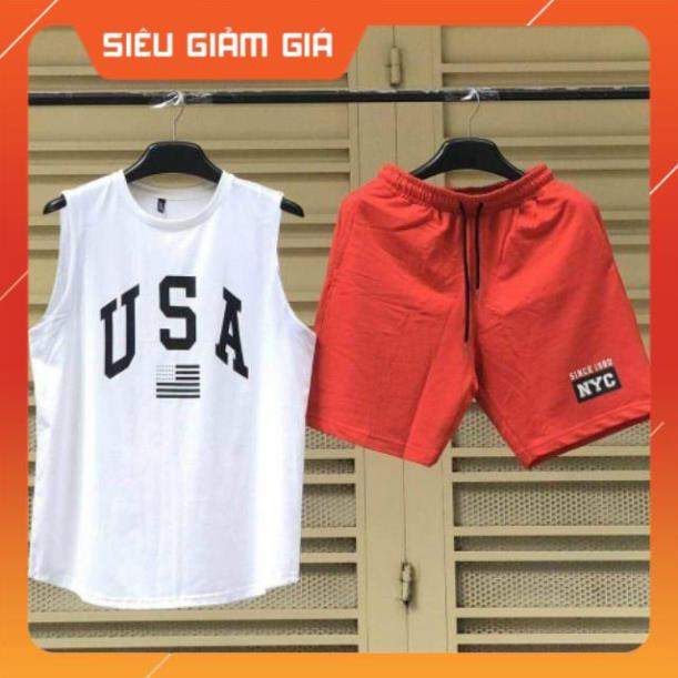 Sét bộ thể thao nam, sét bộ mùa hè nam in chữ USA