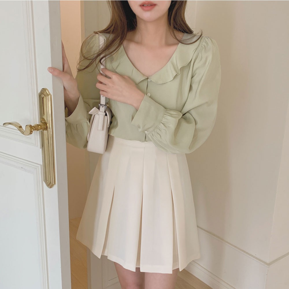 Áo sơ mi tay dài nhún bèo/Chân váy xếp ly chữ a lưng cao phong cách hàn quốc 42485