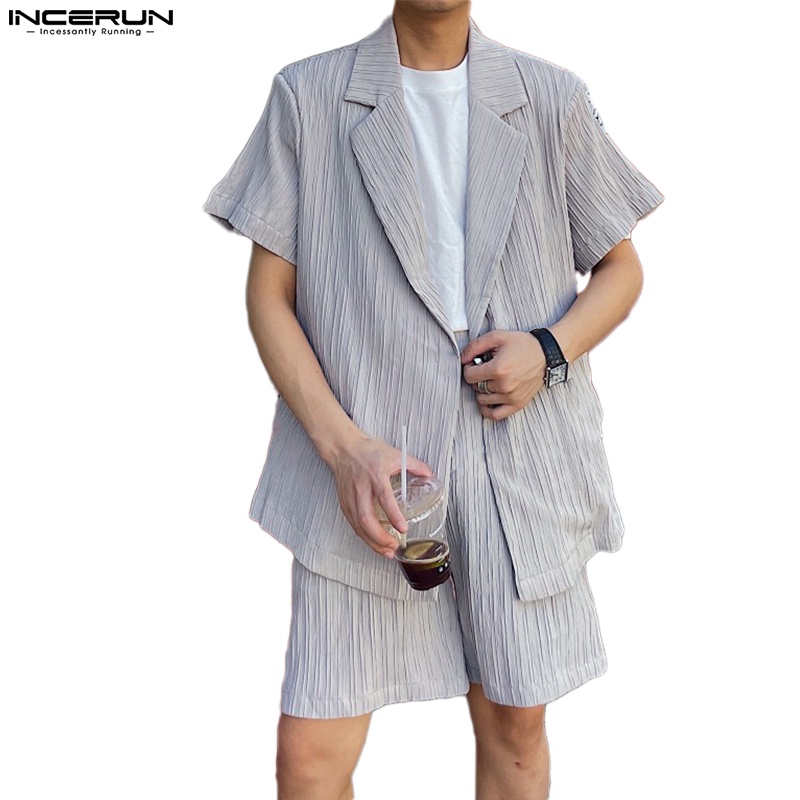 Set áo ngắn tay + quần ngắn INCERUN màu trơn kẻ sọc thời trang cho nam