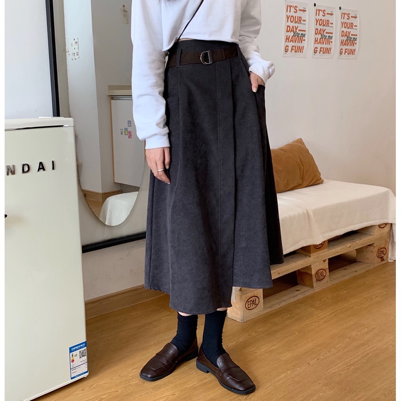 SUXI Chân Váy Chữ A Lưng Cao Màu Sắc Đơn Giản Cho Nữ