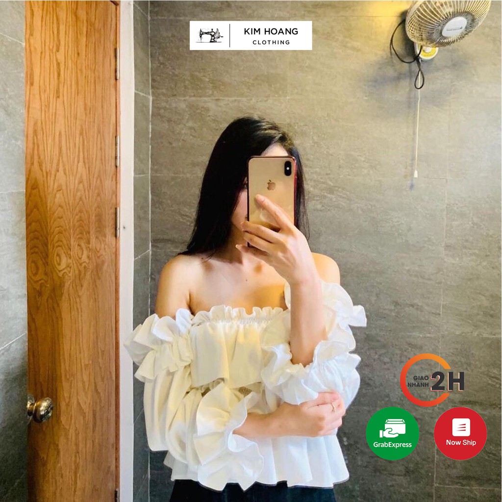 Áo Trễ Vai Croptop Kim Hoàng Clothing Bèo Nhún Tay Dài (Linen Top) | BigBuy360 - bigbuy360.vn