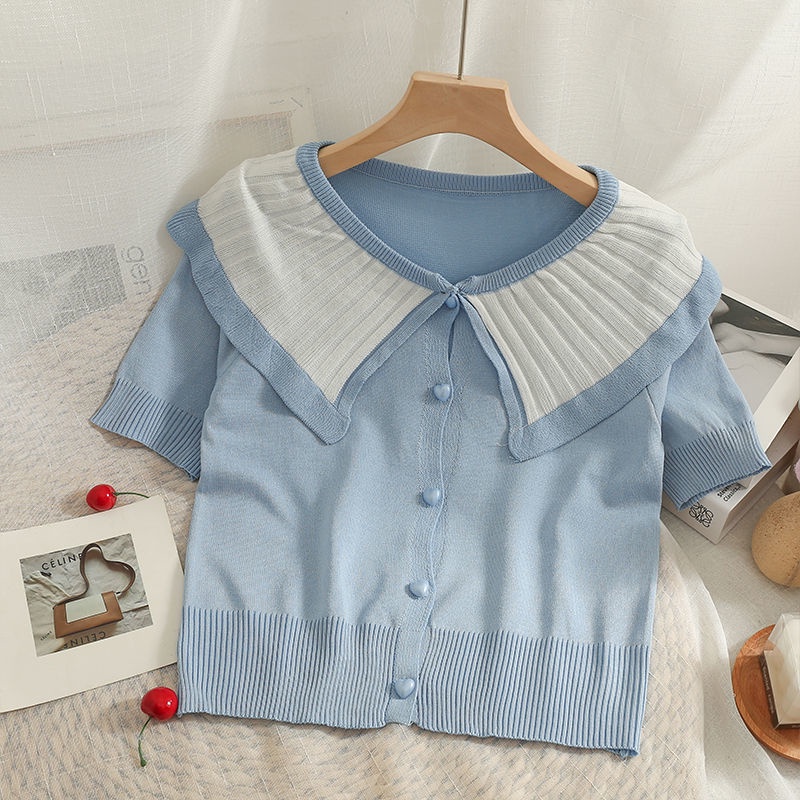 Áo Cardigan Dệt Kim Mỏng Tay Ngắn Cổ Búp Bê Màu Sắc Tương Phản Thời Trang Mùa Hè Cho Nữ