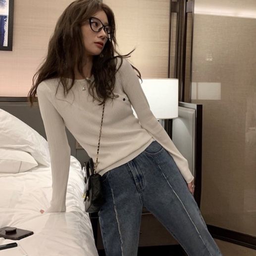 【ZHELIHANGFEI】Áo Thun Dệt Kim Tay Dài Dáng Ôm Phối Nút Chéo Dễ Phối Đồ
