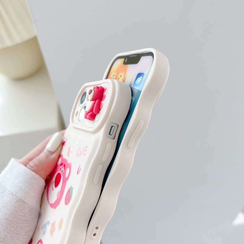 Ốp lưng iphone mềm dẻo viền mây có che camera hình gấu losto màu hồng cute quả dâu trái tim dễ thương đáng iu