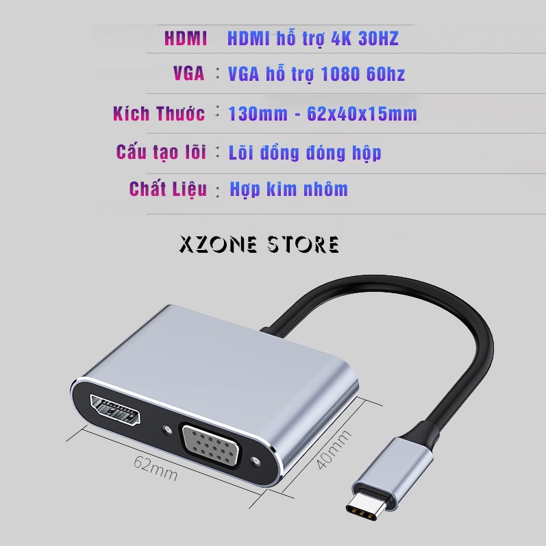 Bộ chuyển đổi Type C ra VGA, HDMI 4K xuất hình ảnh ra màn hình, máy chiếu