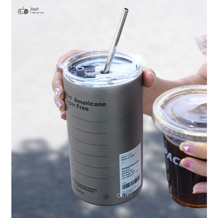 Bình ly giữ nhiệt ICED AMERICANO tặng kèm ống hút  Ráp dung tích 650ml, chất liệu thép cao cấp không gỉ giữ nhiệt
