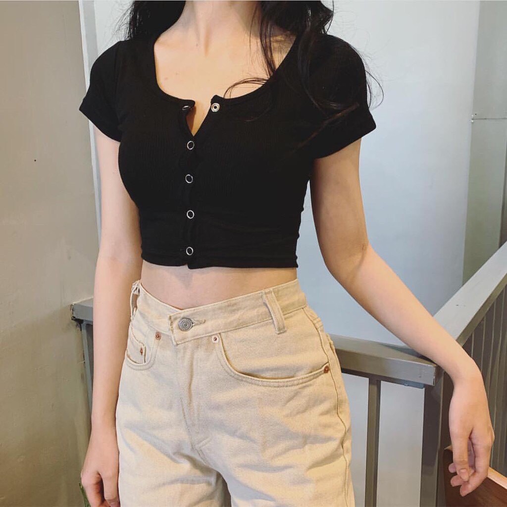 Áo croptop thun bozip phối nút bấm xinh mẫu hot siêu hot