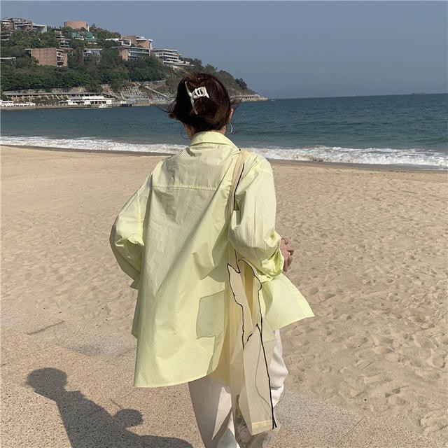mùa hè 2021 Hàn Quốc khí chất hoang dã phóng khoáng dài tay kiểu phương tây áo sơ mi đơn màu giản dị chống nắng