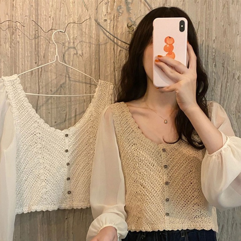 Brroa Áo Khoác Cardigan Dệt Kim Vải Voan Tay Dài Phồng Cài Nút Xuống Cổ Dệt Kim Màu Trơn Kiểu Pháp Cho Nữ