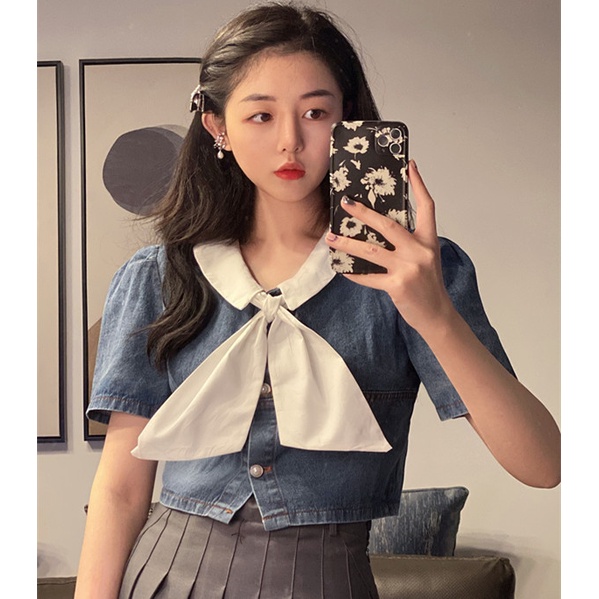 Women's Short Style2021Younger Summer Puff Sleeve Top Doll Collar Korean Style Sense of Design Shirt Denim New