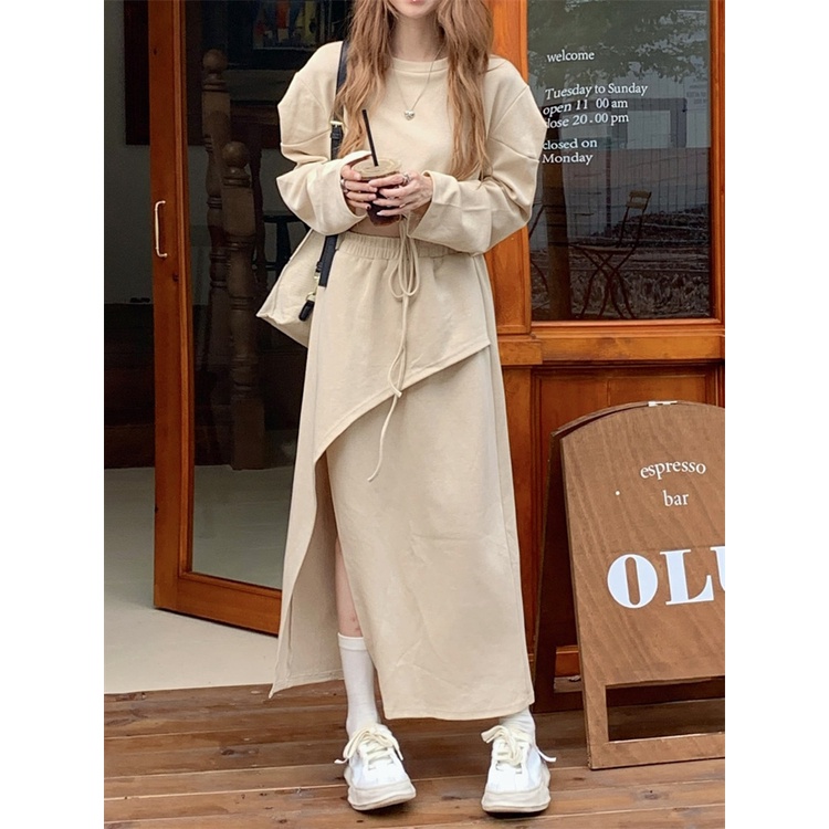 Set Áo Nỉ Dài Tay Cổ Tròn + Chân Váy Lưng Cao Thời Trang Hàn Cho Nữ