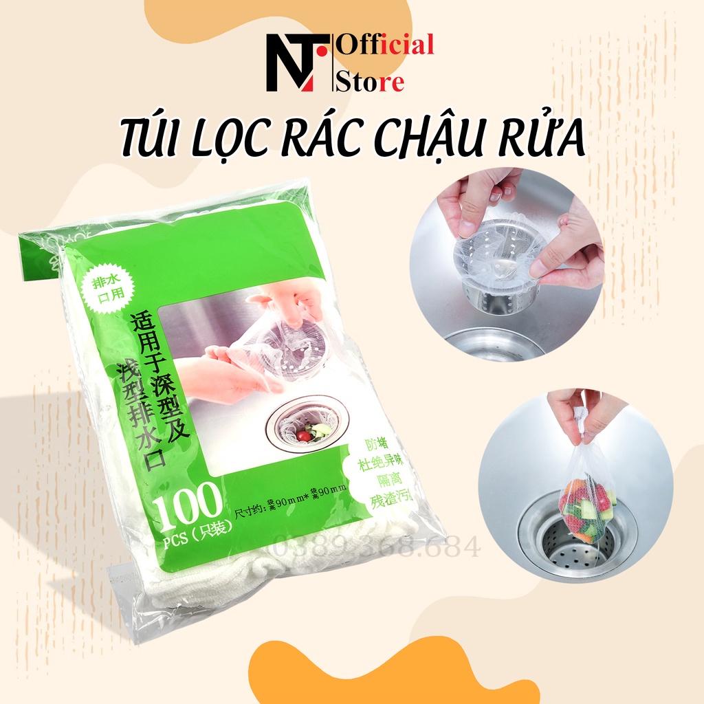 Túi lọc rác chậu rửa bát, gói 100 chiếc tiện lợi vệ sinh, thiết kế kiểu lưới siêu dai có chun co giãn - NT Store