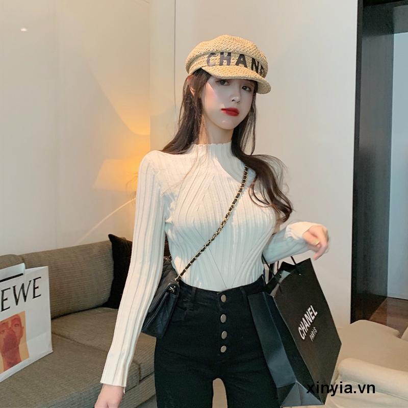Áo Sweater dệt kim cổ lọ tay dài thiết kế ôm sát tôn dáng