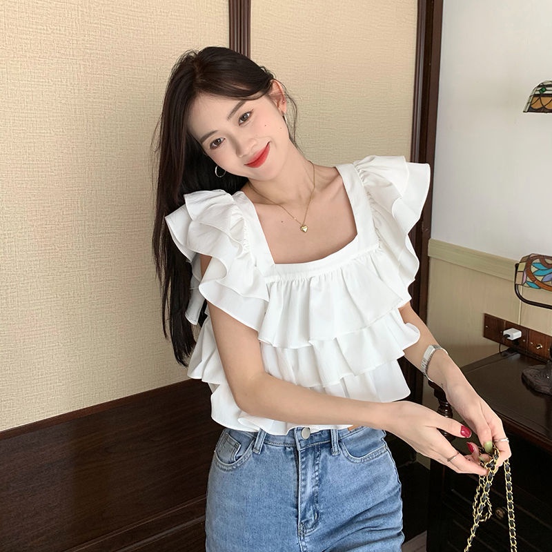 Áo Kiểu Tay Phồng Cổ Vuông Phối Bèo Phong Cách Pháp