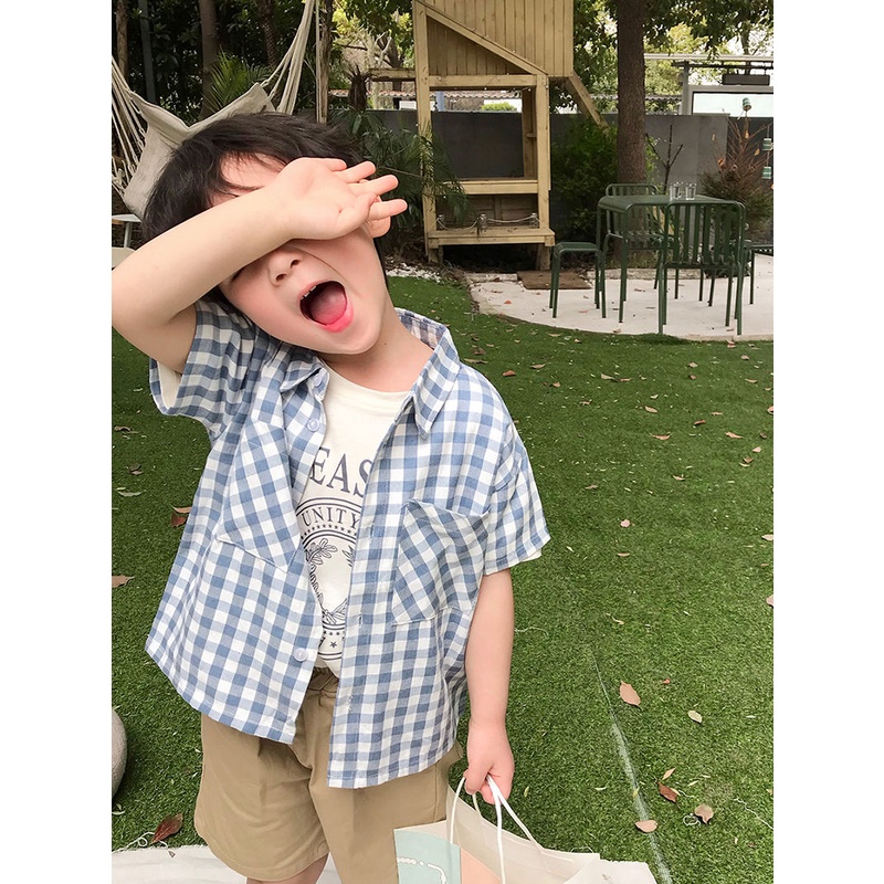 [Babycat] Áo Sơ Mi Tay Ngắn Dáng Rộng Họa Tiết Sọc Caro Phong Cách Nhật Bản Hàn Quốc Thời Trang Mùa Hè Dành Cho Bé Trai
