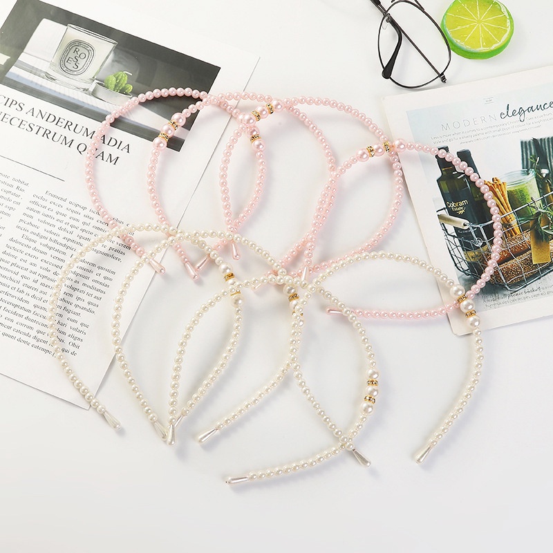 Băng đô rửa mặt đính ngọc trai giả màu trắng hồng tinh tế cho nữ