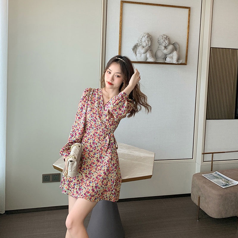 IELGY IELGY Đầm chiffon Chữ A Tay Dài Dáng Ôm In Họa Tiết Hoa Thời Trang Cho Nữ