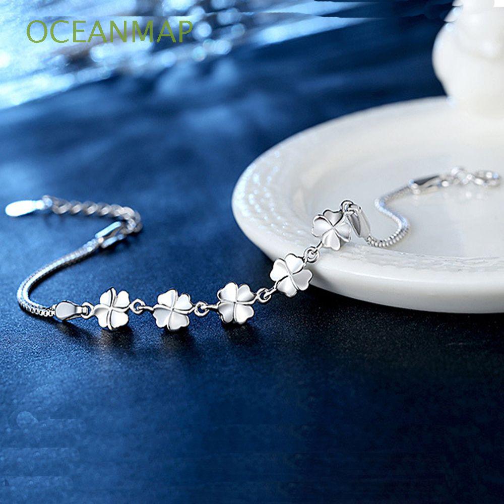 Vòng Tay Mạ Bạc Hình Cỏ Bốn Lá Dễ Thương Cho Nữ