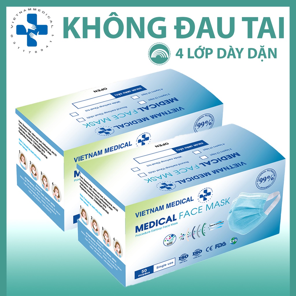 Khẩu Trang Quai To 4 Lớp VIETNAM MEDICAL - Khẩu Trang Quai Mềm không đau tai suốt 24h - Hộp 50 cái