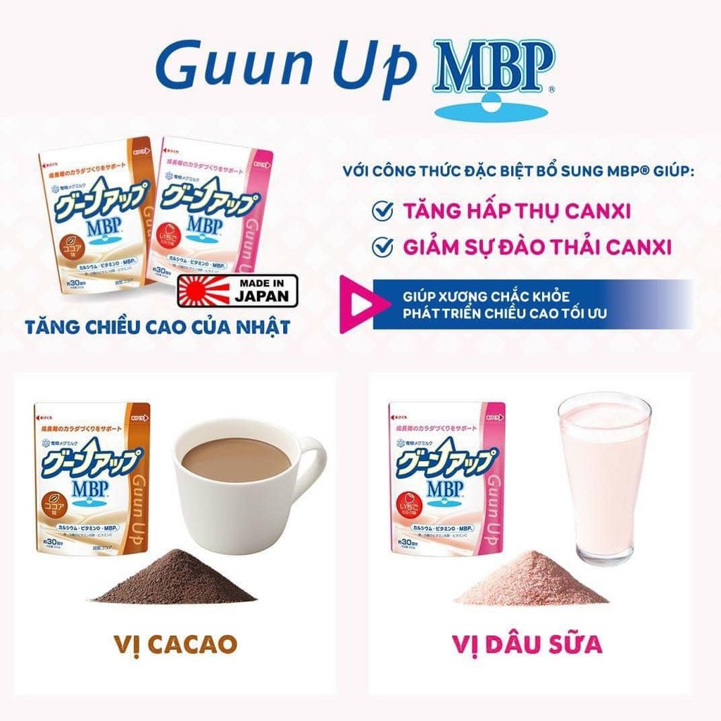 Thực phẩm bổ sung tăng chiều cao Guun Up MBP® Nhật Bản (Vị cacao, dâu sữa)